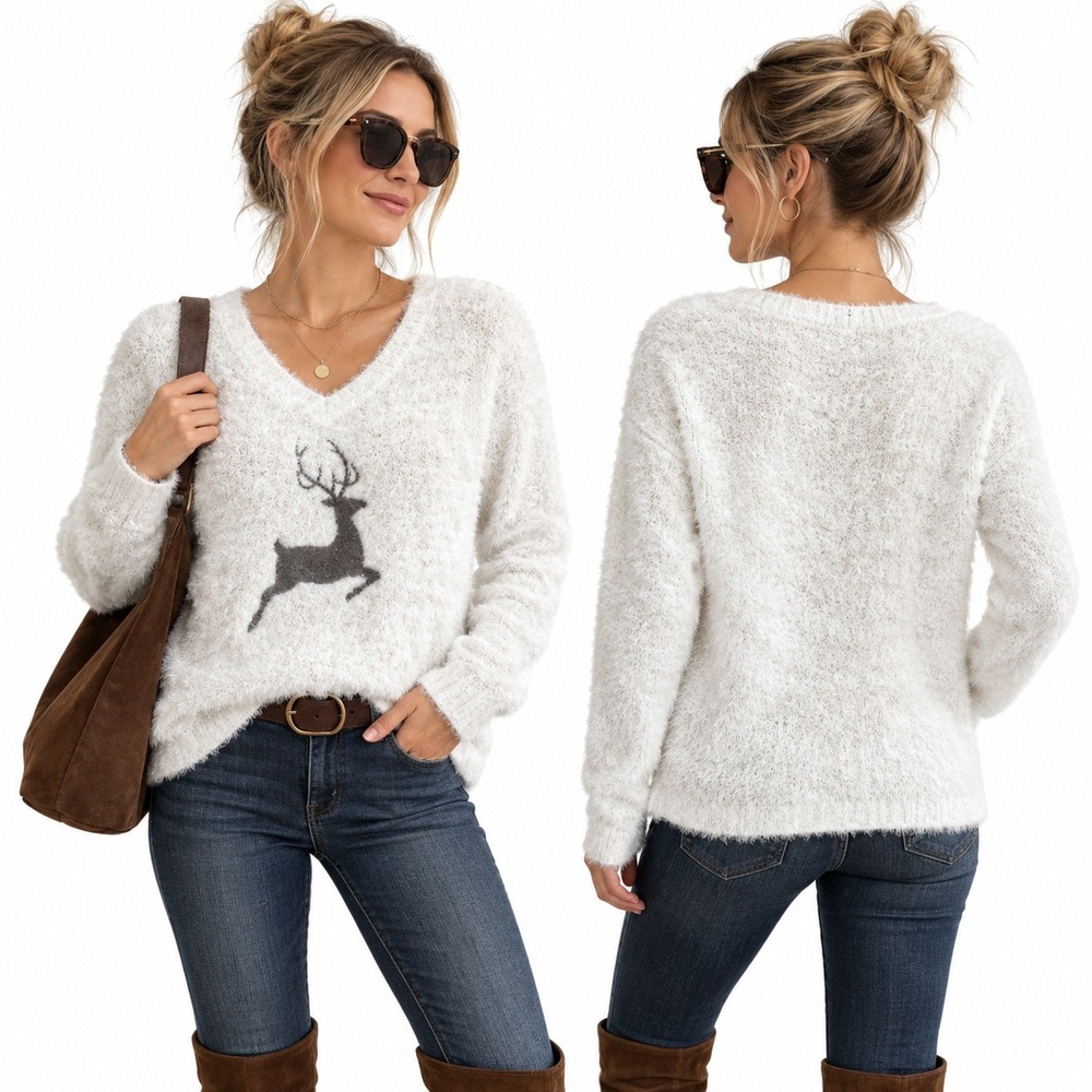 Venus Sweater Womens XL White Reindeer Eyelash Knit Fuzzy Holiday Pullover Cozy